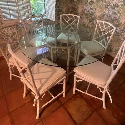 Vintage Glass Top Table with 6 Bamboo Chairs