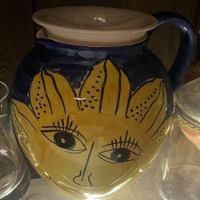 Pier 1 Imports Hand Painted Ceramic Yellow Sun Face Blue Sky Pitcher
