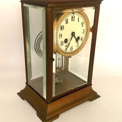 Antique French brass shelf clock w/ beveled glass panels, marked A. Thelot