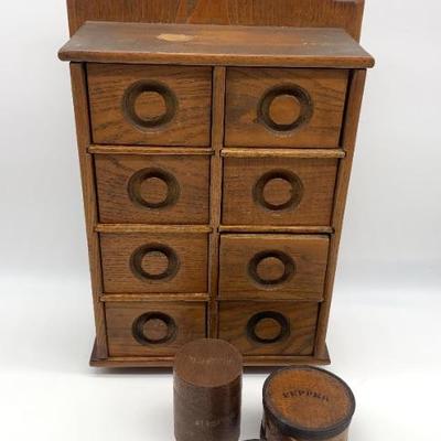 Antique oak wall spice cabinet w/ round spice boxes