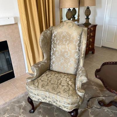 This item is available for PRESALE.  Please text photo to 760-668-0554 to purchase
Queen Anne Chair in Silk Upholstery  50" x...