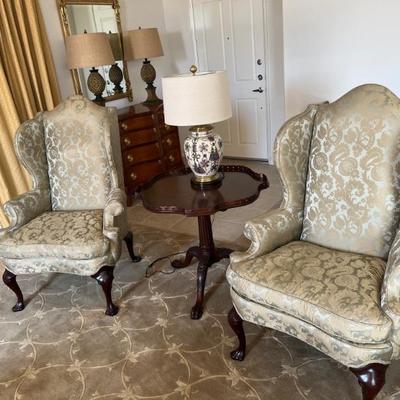 This item is available for PRESALE.  Please text photo to 760-668-0554 to purchase
Queen Anne Chair in Silk Upholstery  50" x...