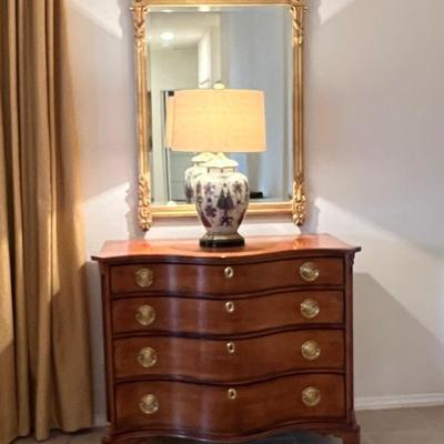 This item is available for PRESALE.  Please text photo to 760-668-0554 to purchase
Hickory Chair Bow Front Bureau with lock and Key...