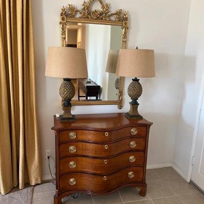 This item is available for PRESALE.  Please text photo to 760-668-0554 to purchase
Hickory Chair Bow Front Bureau with lock and Key...