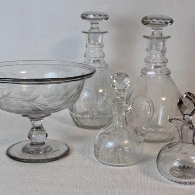antique glass decanters, compote, and cruets