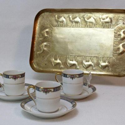 3 demitasse cups & saucers, brass tray