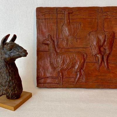 Relief sculpture (patinated plaster) and wax sculpture of llamas by Ronny Waters
