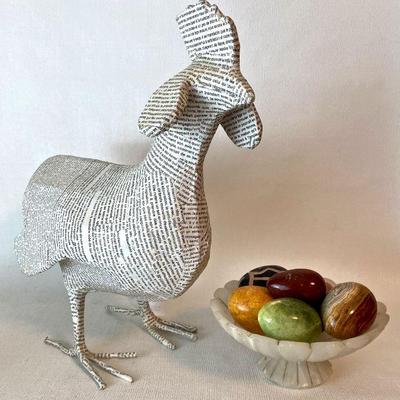 "Balzac's Chicken" - papier mÃ¢chÃ© sculpture, marble dish with eggs