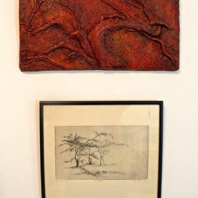 patinated relief plaster sculpture by Ronny Waters, etching of trees