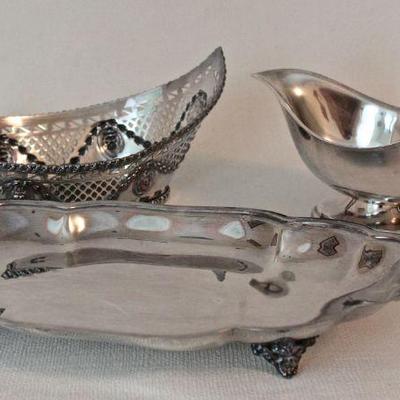 silver plate basket, tray, and gravy
