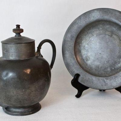 Pewter coffee pot made in England c. 1865, pewter plate c. 1800