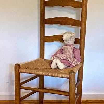 ladder back chair with rush seat, hand made sheep doll