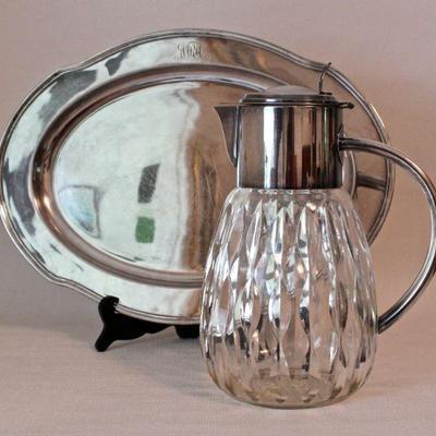Silver plate tray, silver plate and glass pitcher