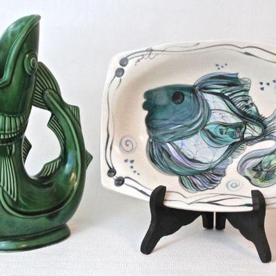 Shreve ceramic fish pitcher made in England, hand made glazed ceramic fish bowl