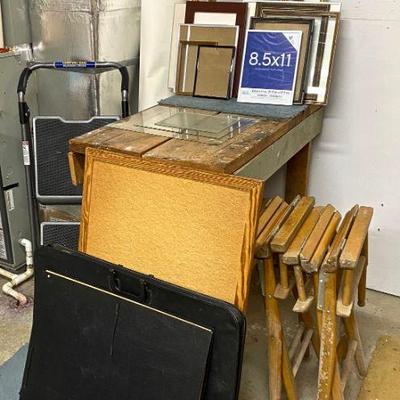 small work bench, director's chair frames, picture frames, portfolios, step ladder