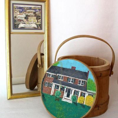 hand painted wood bucket with lid, commemorative mirror