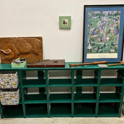 painted wood shelf unit