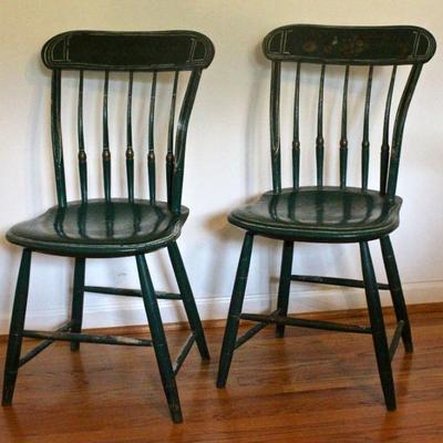 pair of antique, painted plank bottom chairs