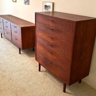 Four piece Danish Modern bedroom suite purchased from Macy's NYC in 1963 - tall chest, long chest, nightstand, & queen bed