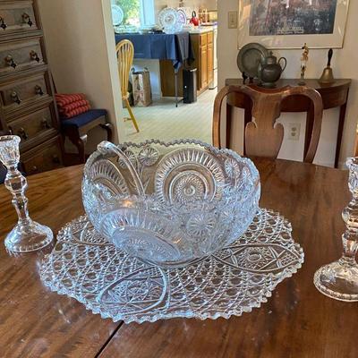 large punch bowl, glass ladle, 21 matching punch cups, glass candlesticks