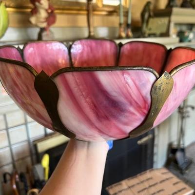 Antique Curved Slag Glass Flower Paneled Shade in White and Maroon Purple Pink Colors
