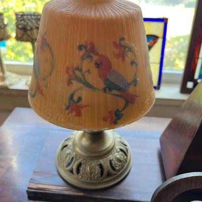 Wonderful antique B&H lamp with lovely reverse painted glass shade featuring tropical birds and flowers.  Dated patent Aug 20 1889 to...
