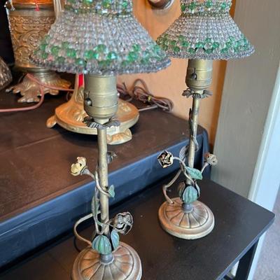 Antique art nouveau candelabra style lamps with antique beaded shades