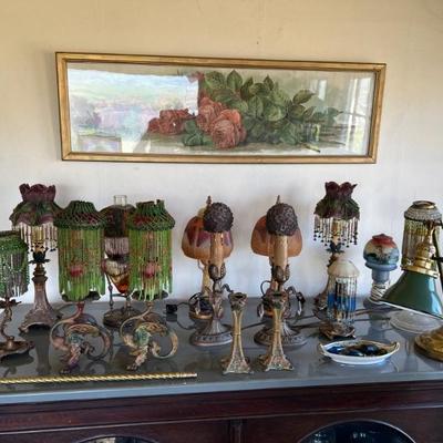 Amazing selection of antique candelabras with beaded shades and covers (including antique Czechoslovakian glass)