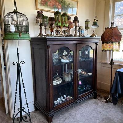 Antique standing bird cage with rare milk glass feeder attached, Hendryx