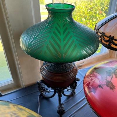 Gorgeous and rare antique B & H Duplex (Bradley and Hubbard) Kerosene Lamp with beautiful vibrant green glass shade. Wow! 