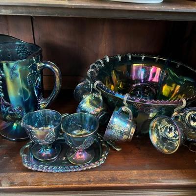 Antique blue opal essence carnival glass sets and punch bowl.