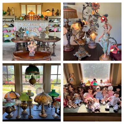 Antique lamps, bisque dolls, art deco figurines 