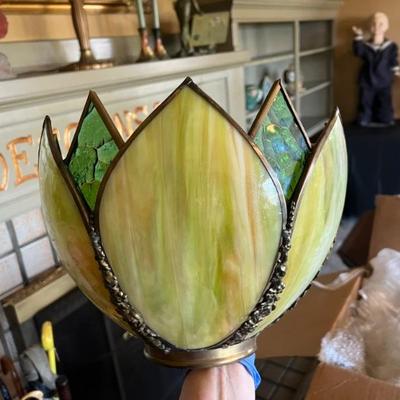Antique Green Slag Glass Paneled Lotus Flower Kerosene Lamp Shade