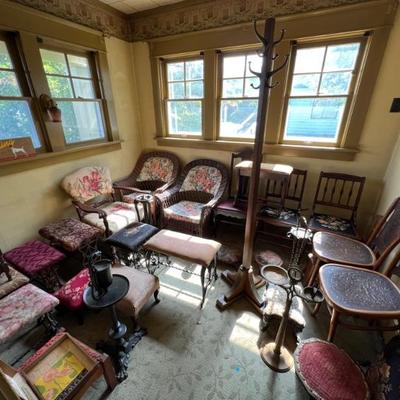 Great selection of vintage and antique dining chairs, accent chairs, armchairs, and foot stools