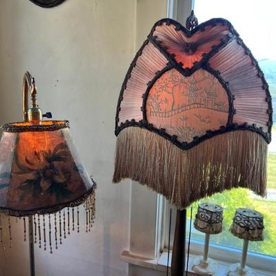 Rare antique standing lamps with beaded and fringe shades. One with painted flowers, and the other with embroidered Asian scene...