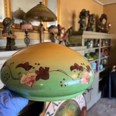 10 inch Antique Mushroom Glass Shade for electric lamp, featuring a lovely green, pink, and yellow floral design. 