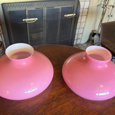 Pair of Cased Pink Tam O Shanter Glass Lamp Shades