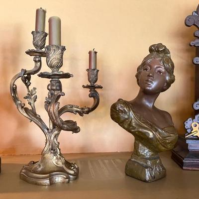 Antique Art Nouveau candelabra and bust of a woman