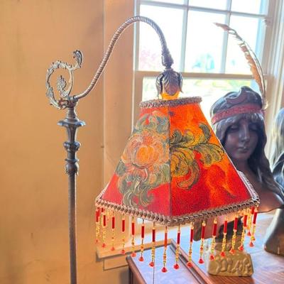 Gorgeous Antique electric floor lamp with beautiful red and floral shade with antique beaded fringe