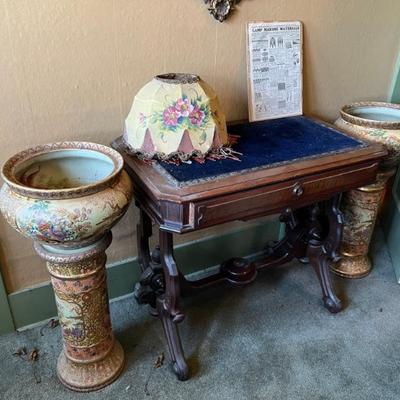 Antique desk and 2 vintage Asian glazed stamped plant urns and pillars