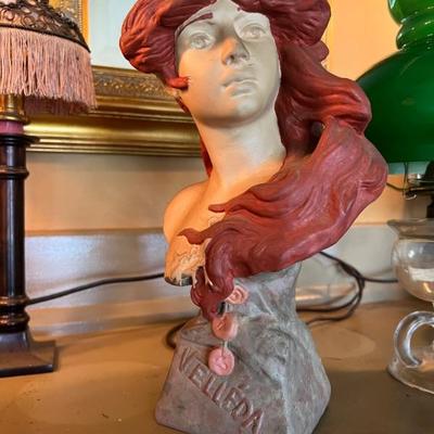 Vintage painted bust statue of woman with vibrant red hair, titled Velleda, inspired by the original design by Alfred Jean Foretay. 