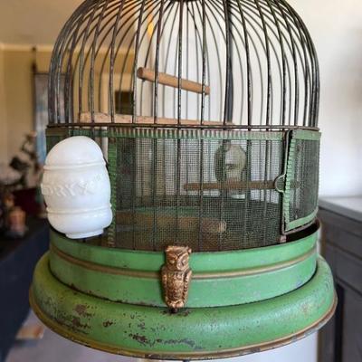 Antique standing bird cage with rare milk glass feeder attached, Hendryx