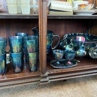 Antique blue opal essence carnival glass sets and punch bowl.