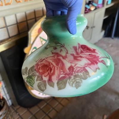 7 inch Antique Kerosene Shade with beautiful pink red roses against a green and white background