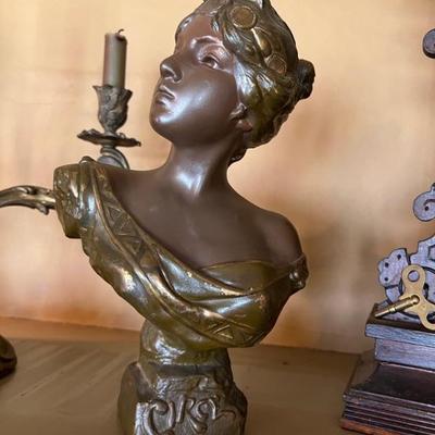 Antique spelter parlor statue of a beautiful young woman wearing ancient Greek inspired dress, titled 