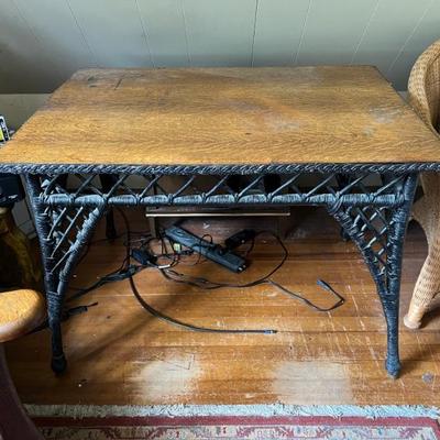 Nice oak and wicker antique desk or table