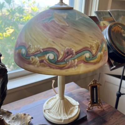 Absolutely gorgeous reverse painted lamp shade and antique lamp in cream color. 