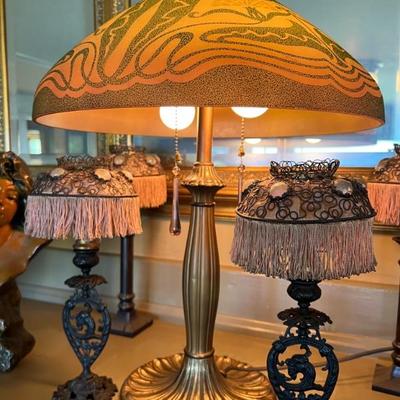 Antique lamp in working condition with unique shade, and set of 4 antique candelabra with fringe shades