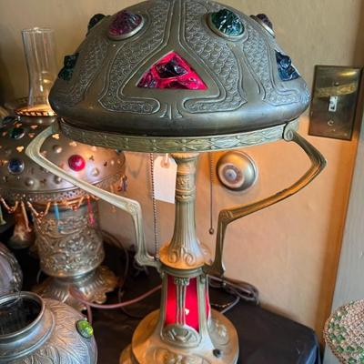 Art Nouveau Secessionist Brass and Multicolored Faceted Glass Stones Electric Table Lamp with illuminated base- in great working...