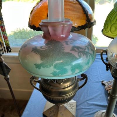 Antique B&H (Bradley and Hubbard) kerosene lamp with wonderful green and purple or pink shade with wonderful Chinese lions